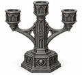 Gray three-arm Gothic candelabrum with pointed arches, curved arms, and a skull detail on a tiered base.