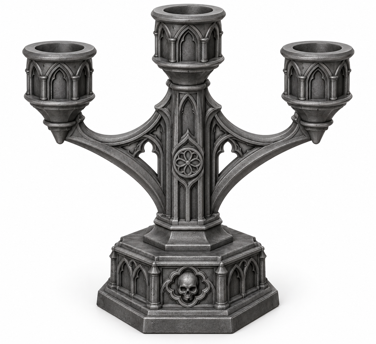 Gray three-arm Gothic candelabrum with pointed arches, curved arms, and a skull detail on a tiered base.