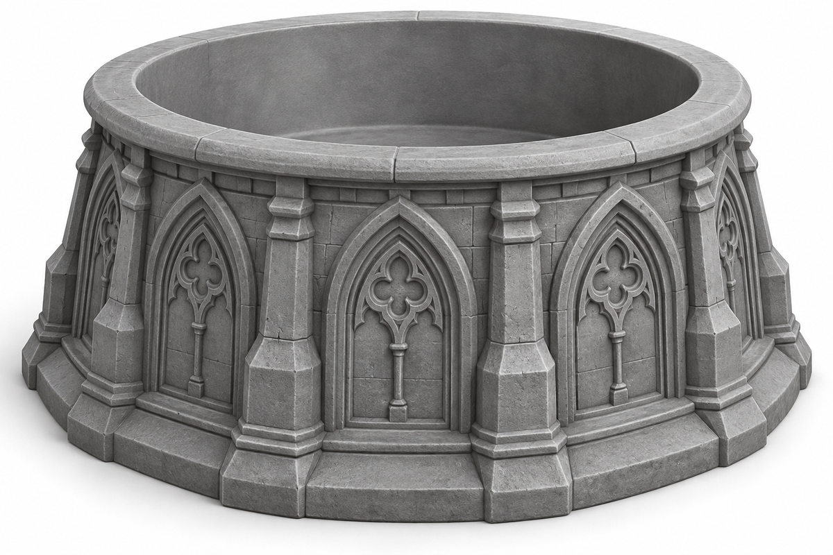 Gray Gothic decorative bowl with pointed arches, ornamental window details, and stonework-style texture.