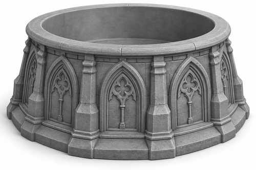 Gray Gothic decorative bowl with pointed arches, ornamental window details, and stonework-style texture.