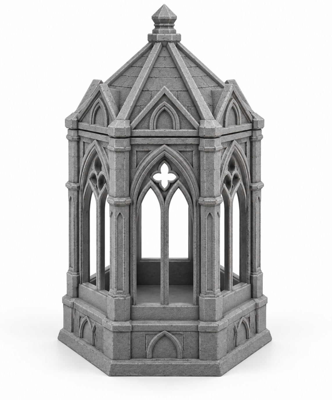 Gray Gothic lantern with pointed window openings, ornamental arches, and a peaked roof.