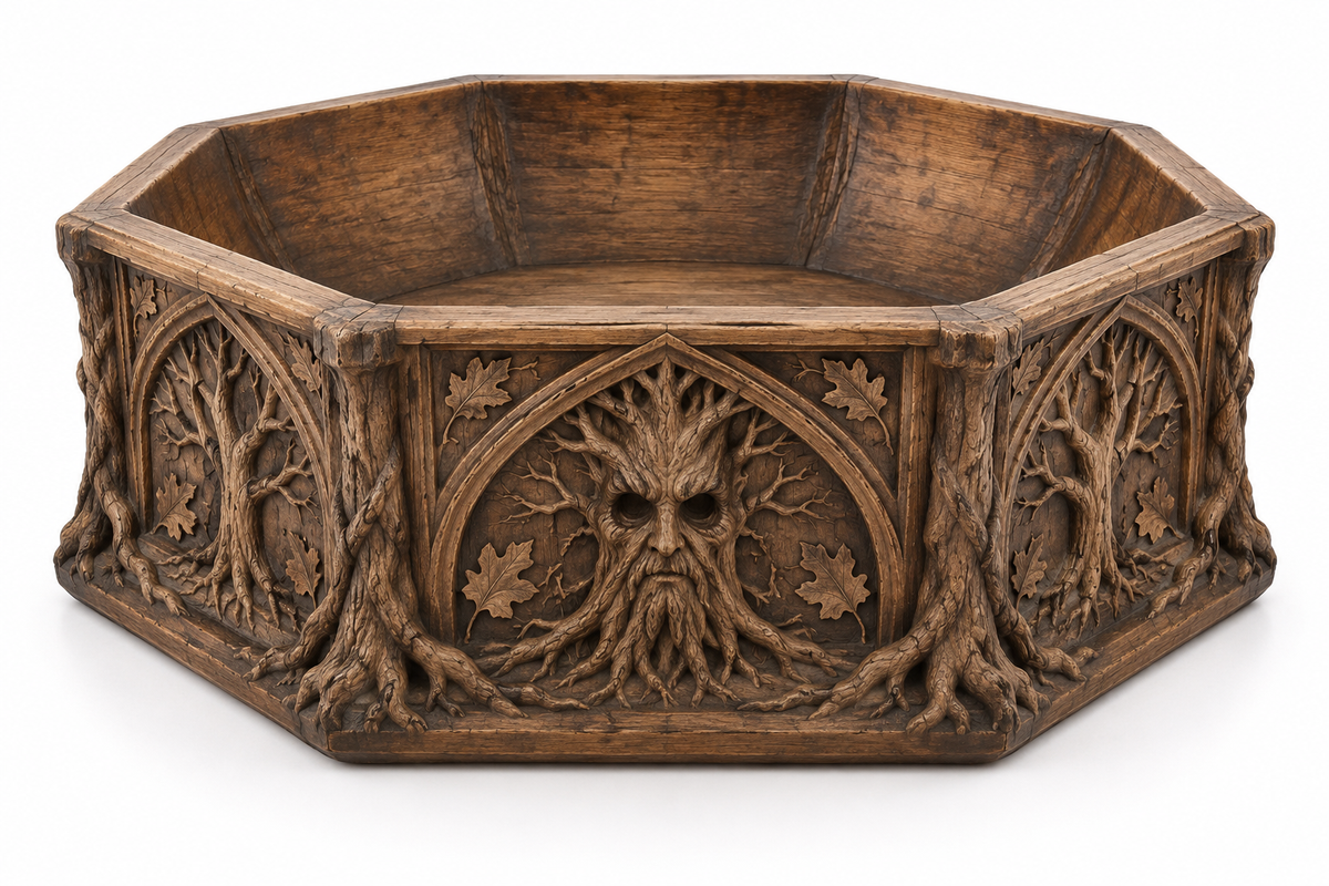 Brown Haunted Forest decorative bowl with a tree-like face, twisting roots, branches, leaves, and pointed arches.