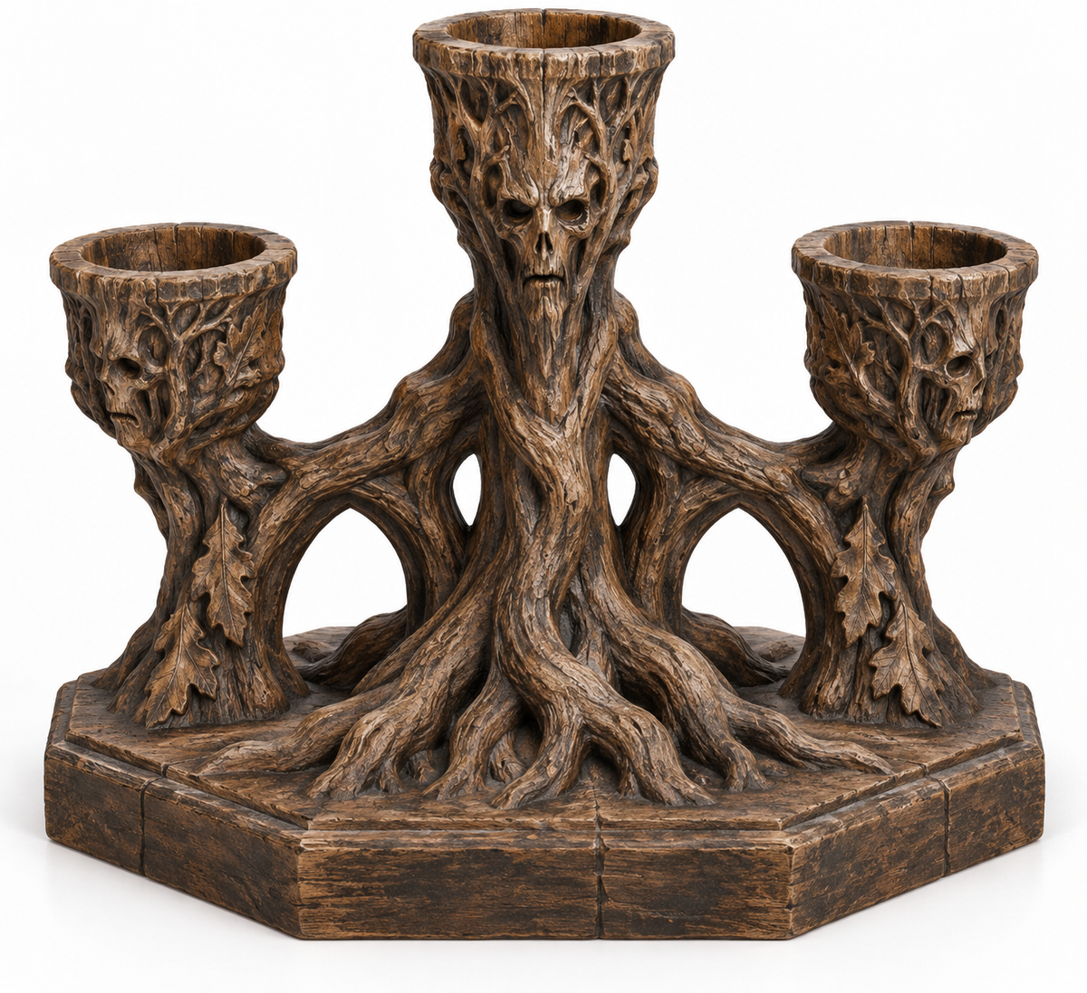 Brown three-arm Haunted Forest candelabrum with twisting roots, branch-like arms, and haunting faces on the candle holders.