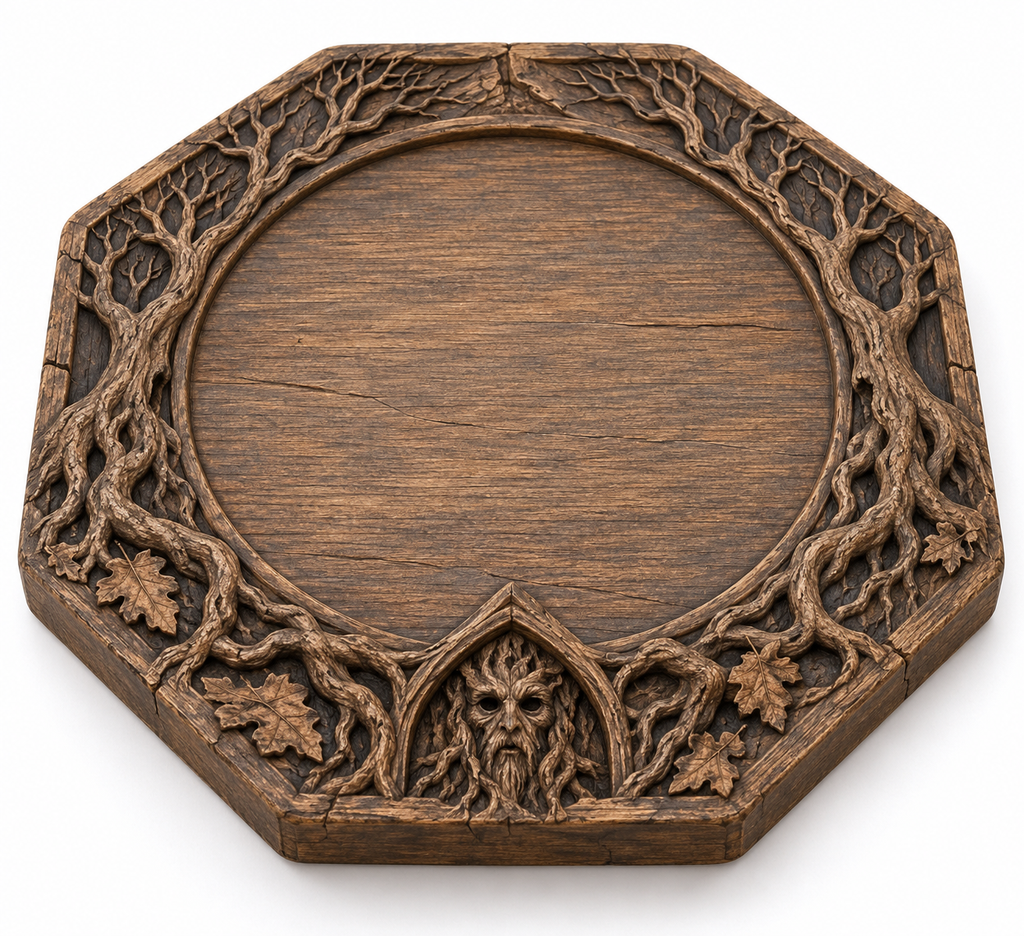 Haunted Forest coaster with a circular drink space framed by branches, leaves, and a tree-like face.