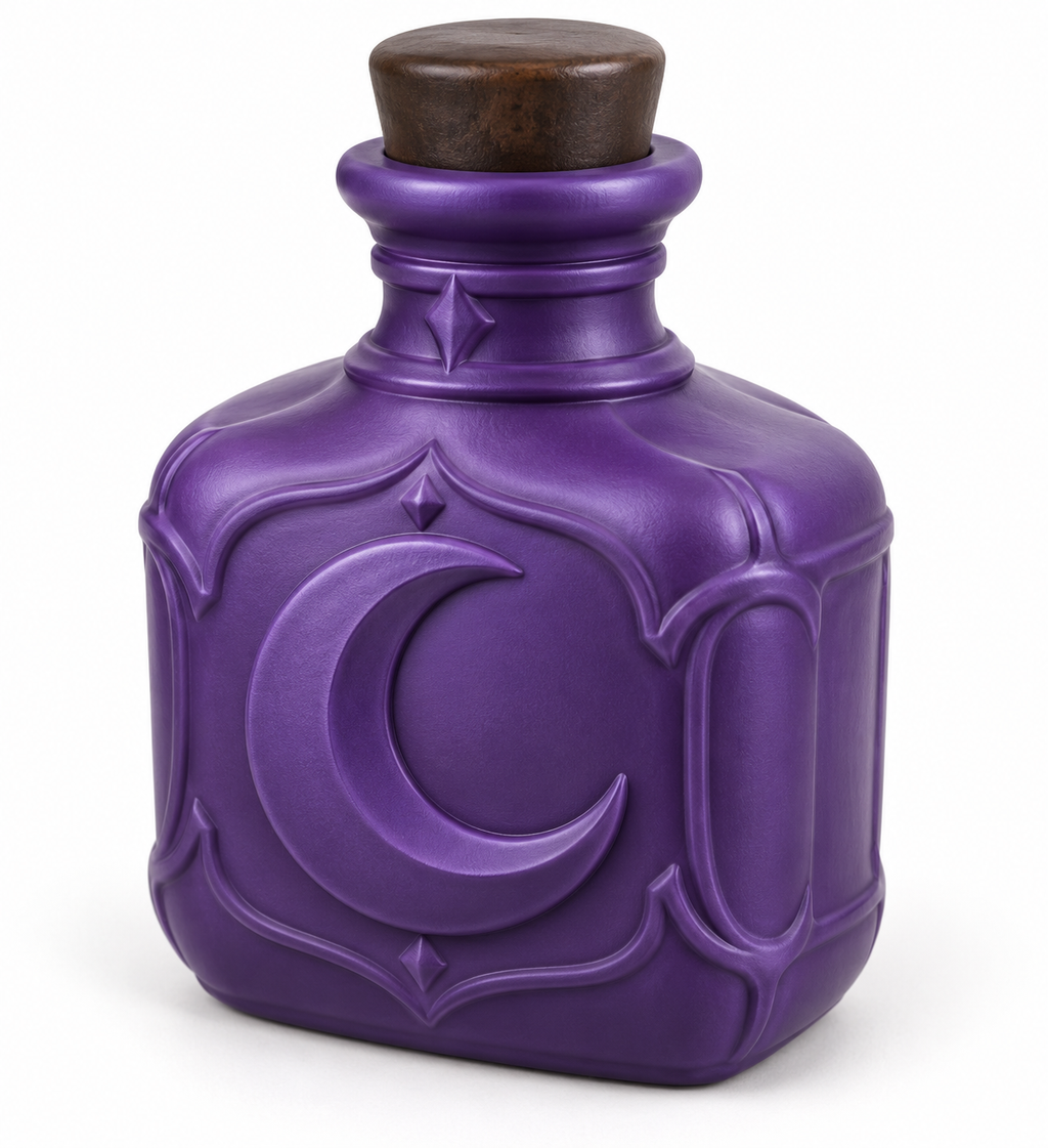 Purple Shadow Potion prop bottle with a raised crescent moon, ornamental borders, diamond accents, and a brown stopper-style top.