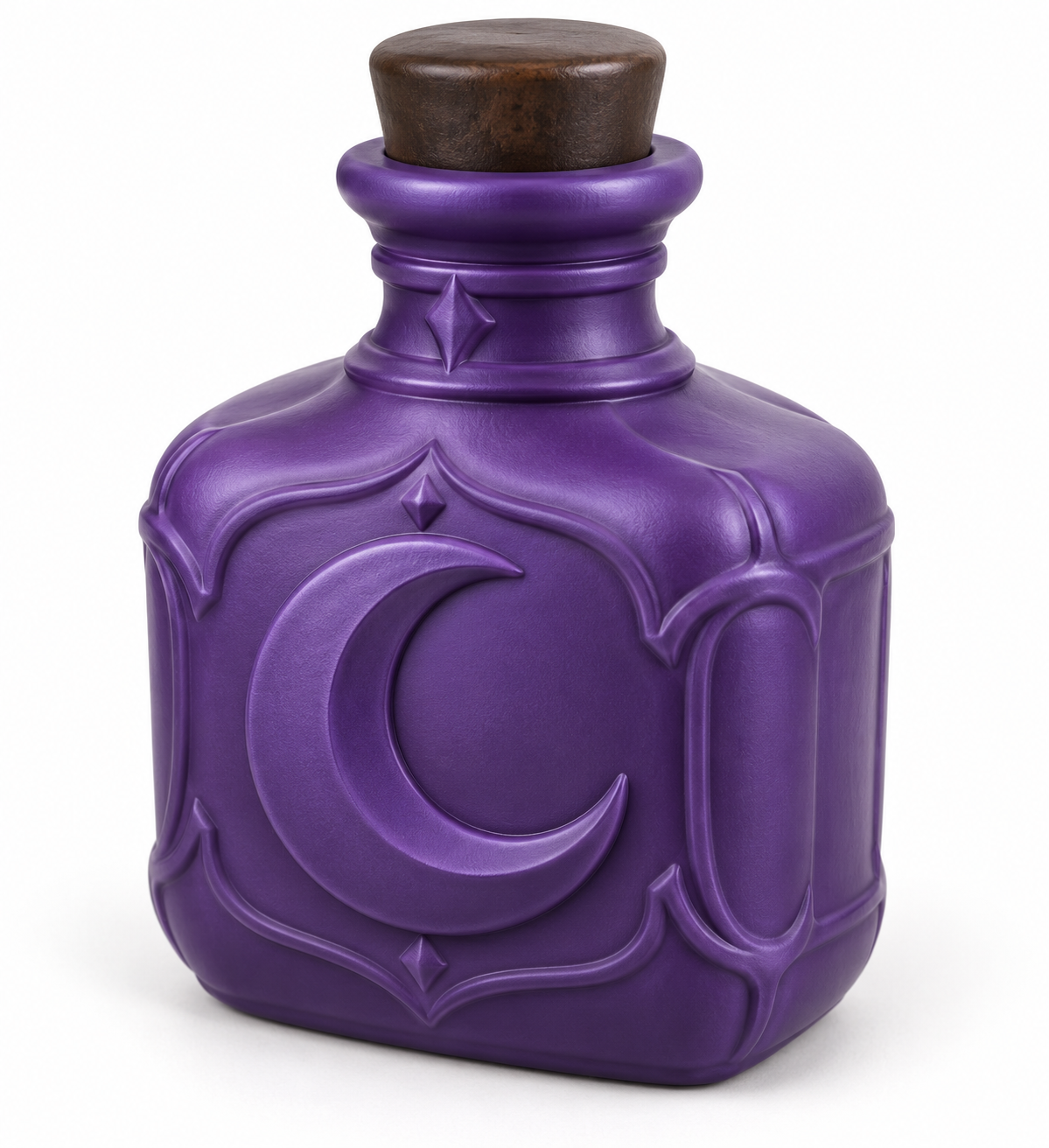 Purple Shadow Potion prop bottle with a raised crescent moon, ornamental borders, diamond accents, and a brown stopper-style top.