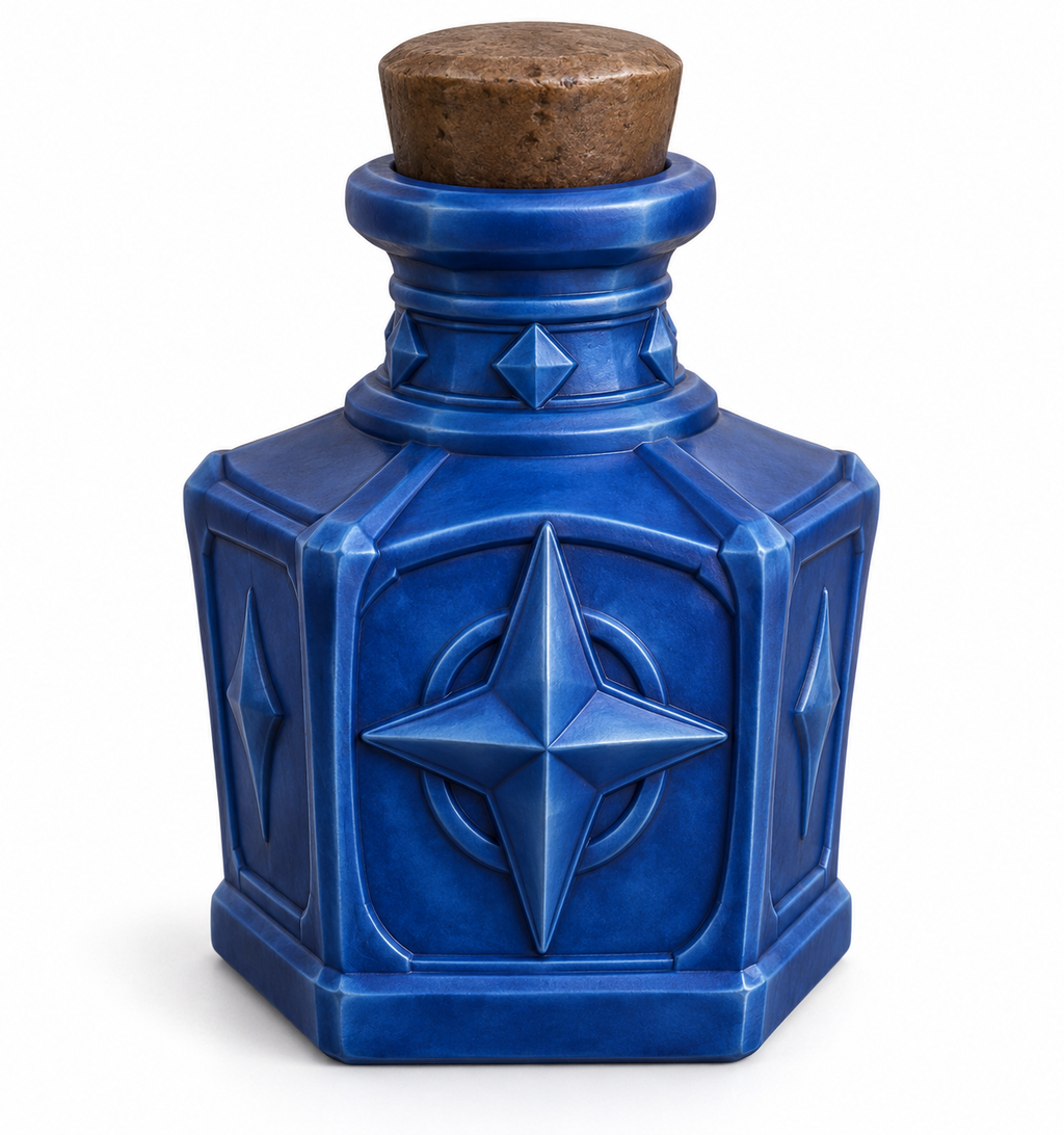 Blue Magic Potion prop bottle with a raised four-point star, diamond accents, and a brown stopper-style top.