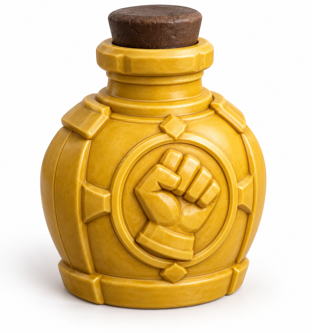 Yellow Strength Potion prop bottle with a raised clenched-fist emblem, sculpted bands, and a brown stopper-style top.