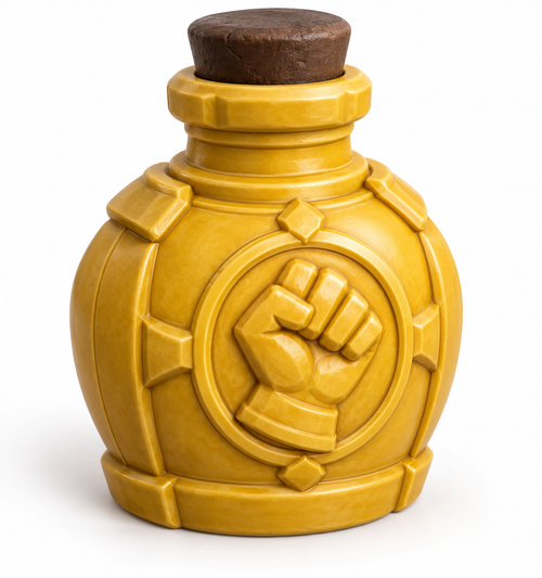 Yellow Strength Potion prop bottle with a raised clenched-fist emblem, sculpted bands, and a brown stopper-style top.