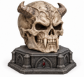 Horned demon vampire skull with long fangs on an ornate gothic pedestal base, shown in a weathered bone and dark stone-style finish.