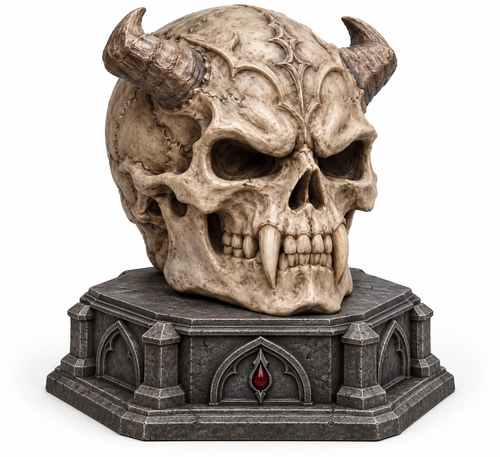 Horned demon vampire skull with long fangs on an ornate gothic pedestal base, shown in a weathered bone and dark stone-style finish.